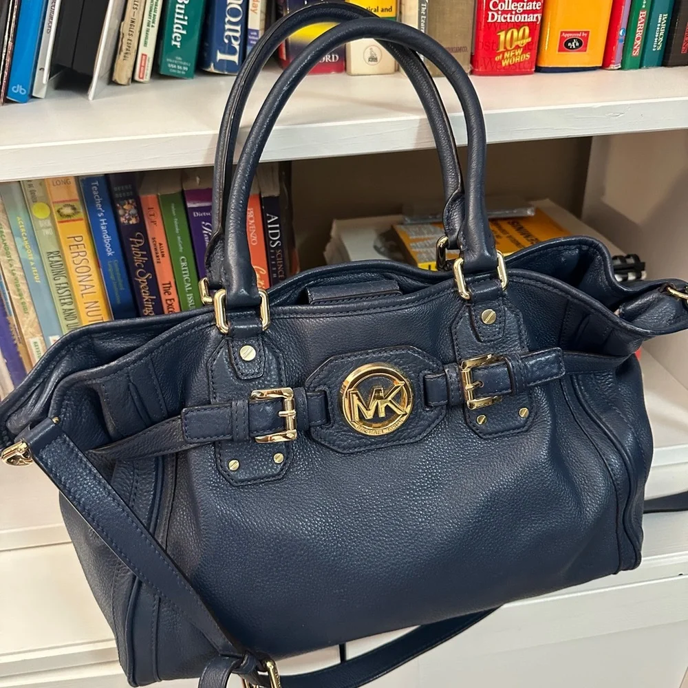 Michael Kors Navy Leather Satchel with Gold-Tone MK Emblem